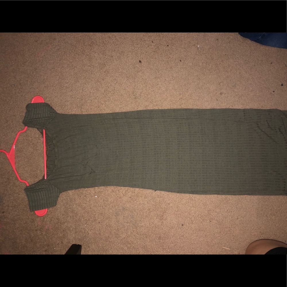 Green straight across neckline dress.